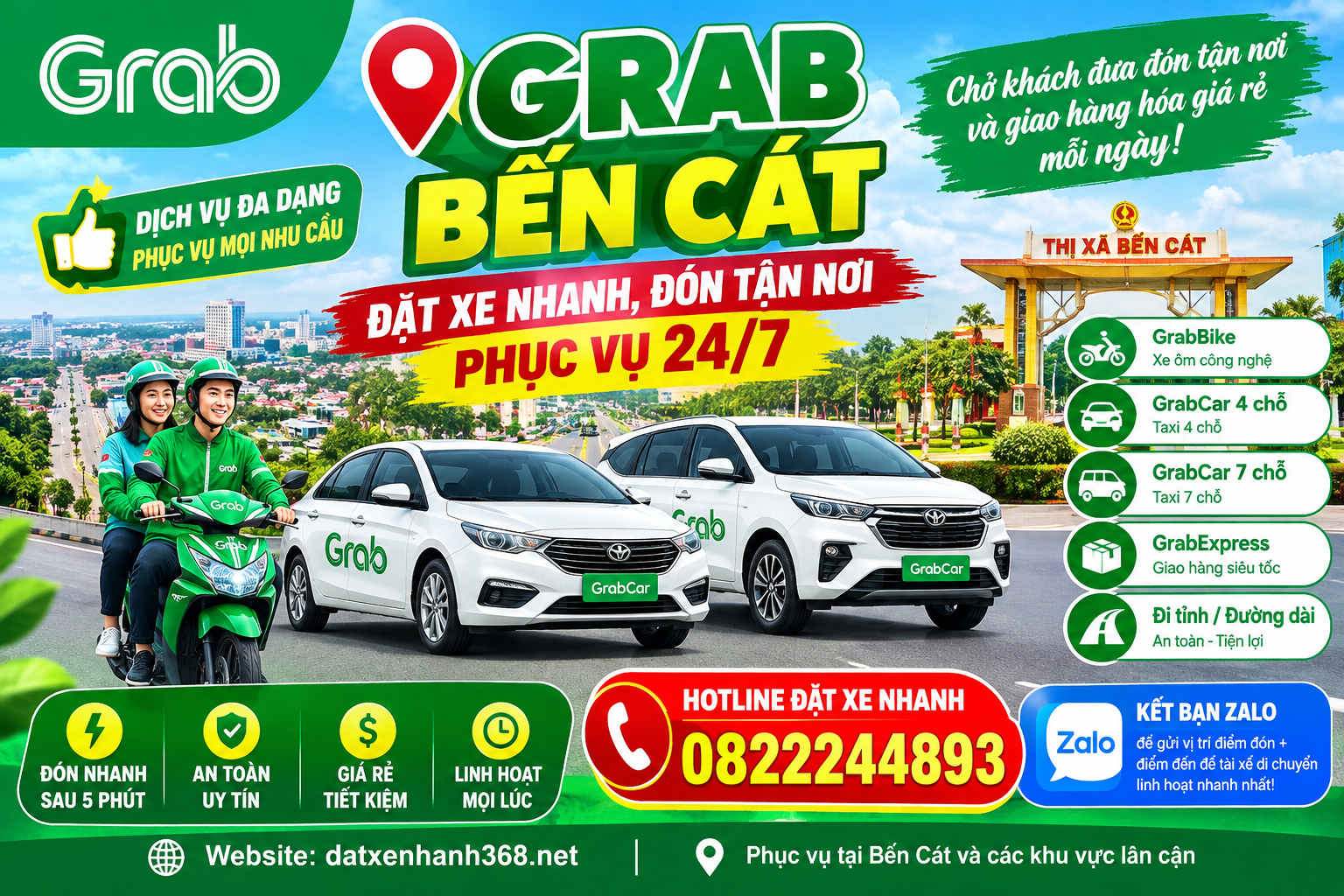 GRAB BẾN CÁT – ĐẶT XE NHANH, ĐÓN TẬN NƠI, PHỤC VỤ 24/7
