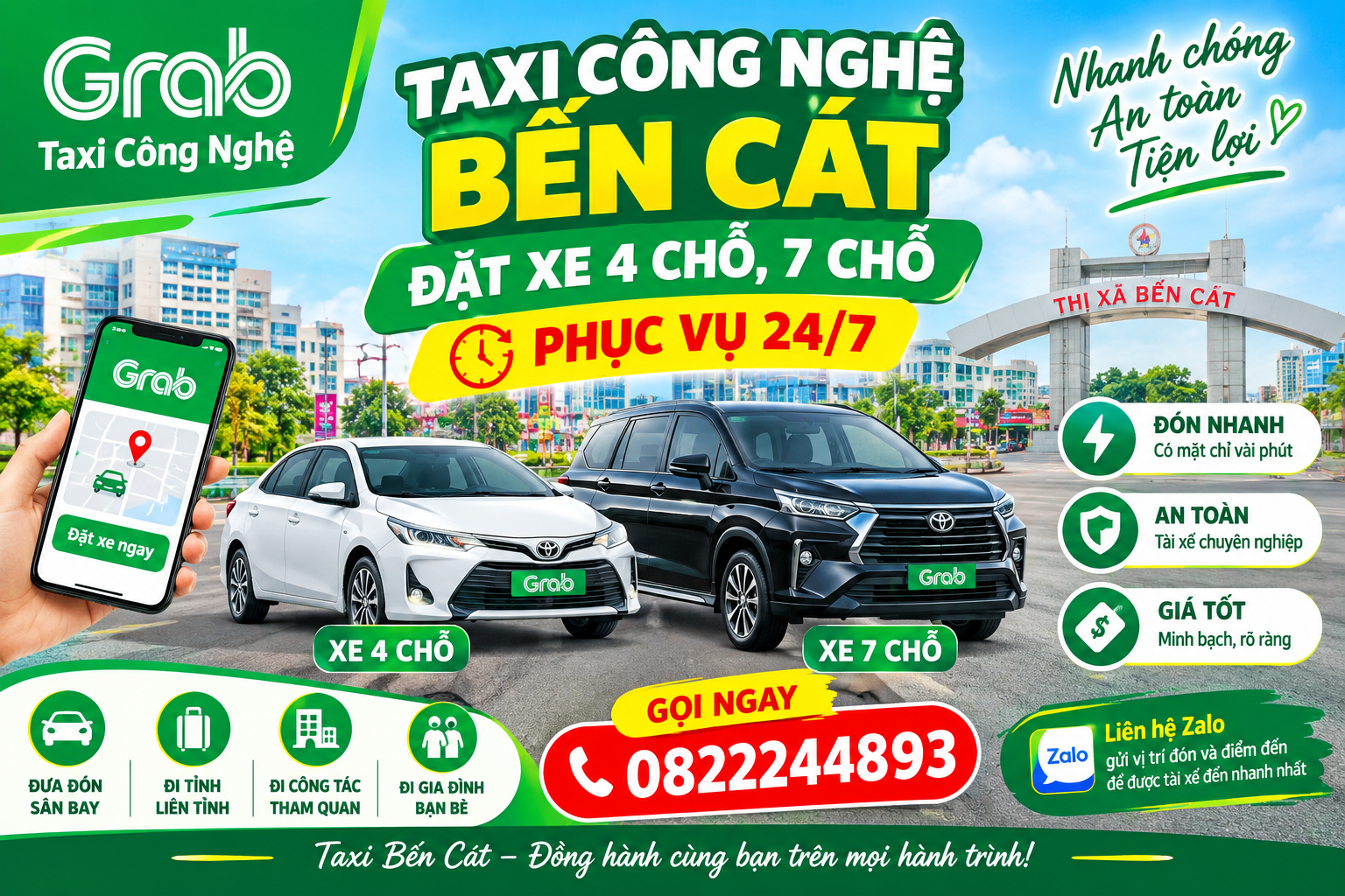 ĐẶT TAXI BẾN CÁT – XE 4 CHỖ, 7 CHỖ ĐÓN KHÁCH TẬN NƠI